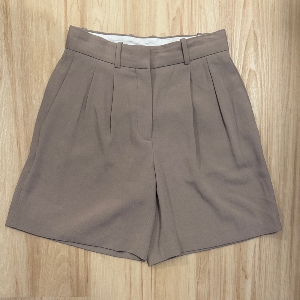 Babaton Taupe Pleated High-Rise Bermuda Shorts